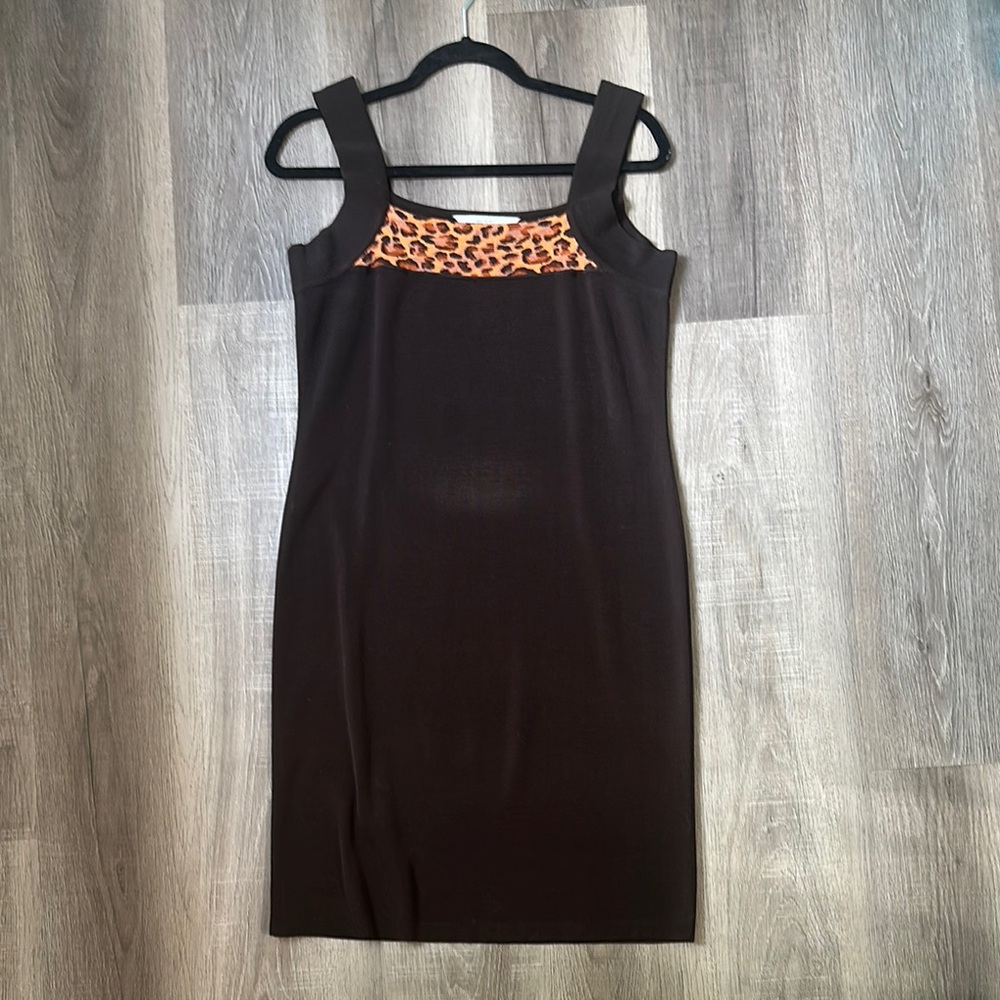 Misook Brown Sheath Dress Sleeveless Square Neck Midi.